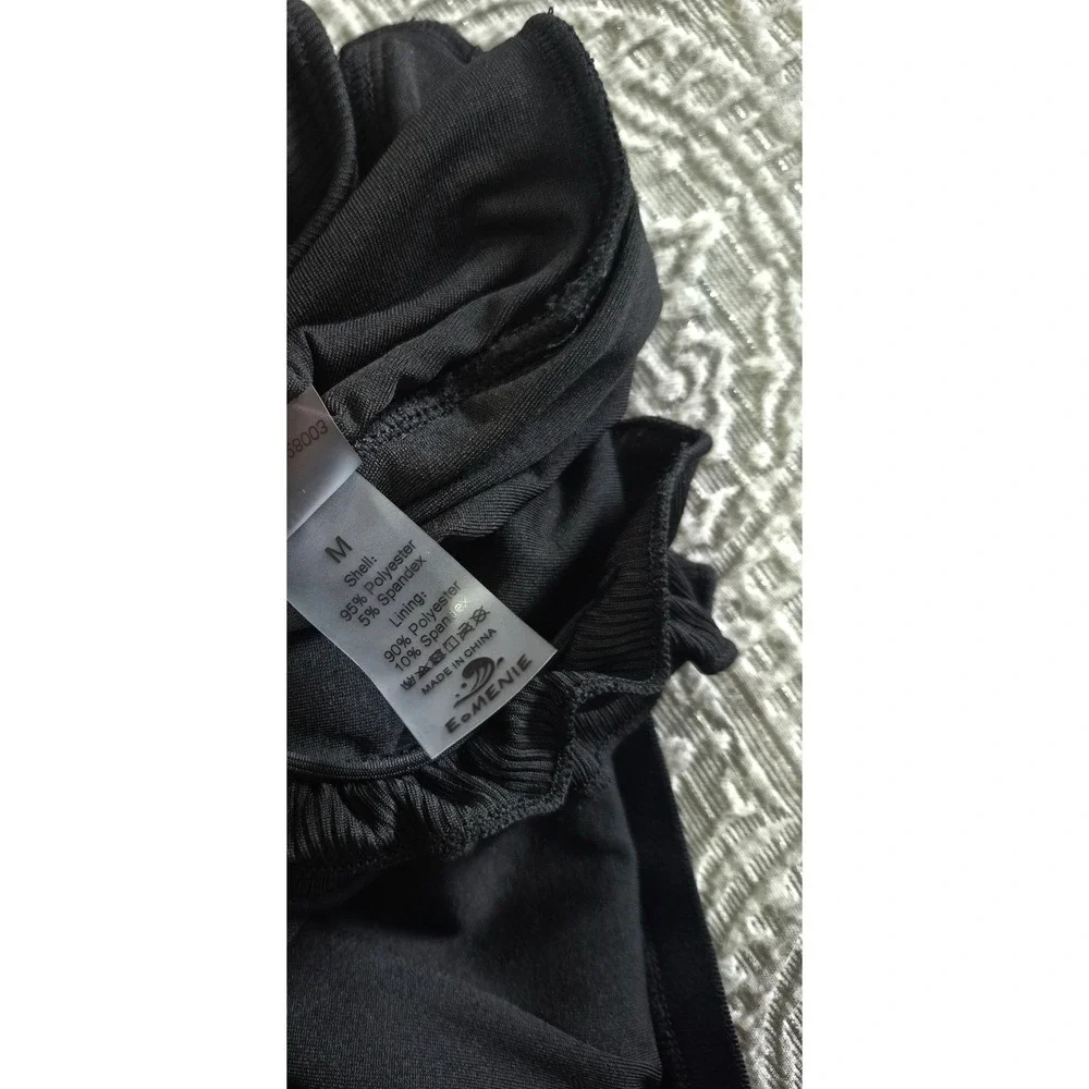 Eomenie Black Ribbed One Piece Swimsuit Ruffle Strap Medium‎ NEW